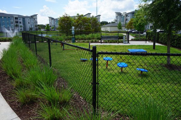 black chain link fence around dog park at apartment complex